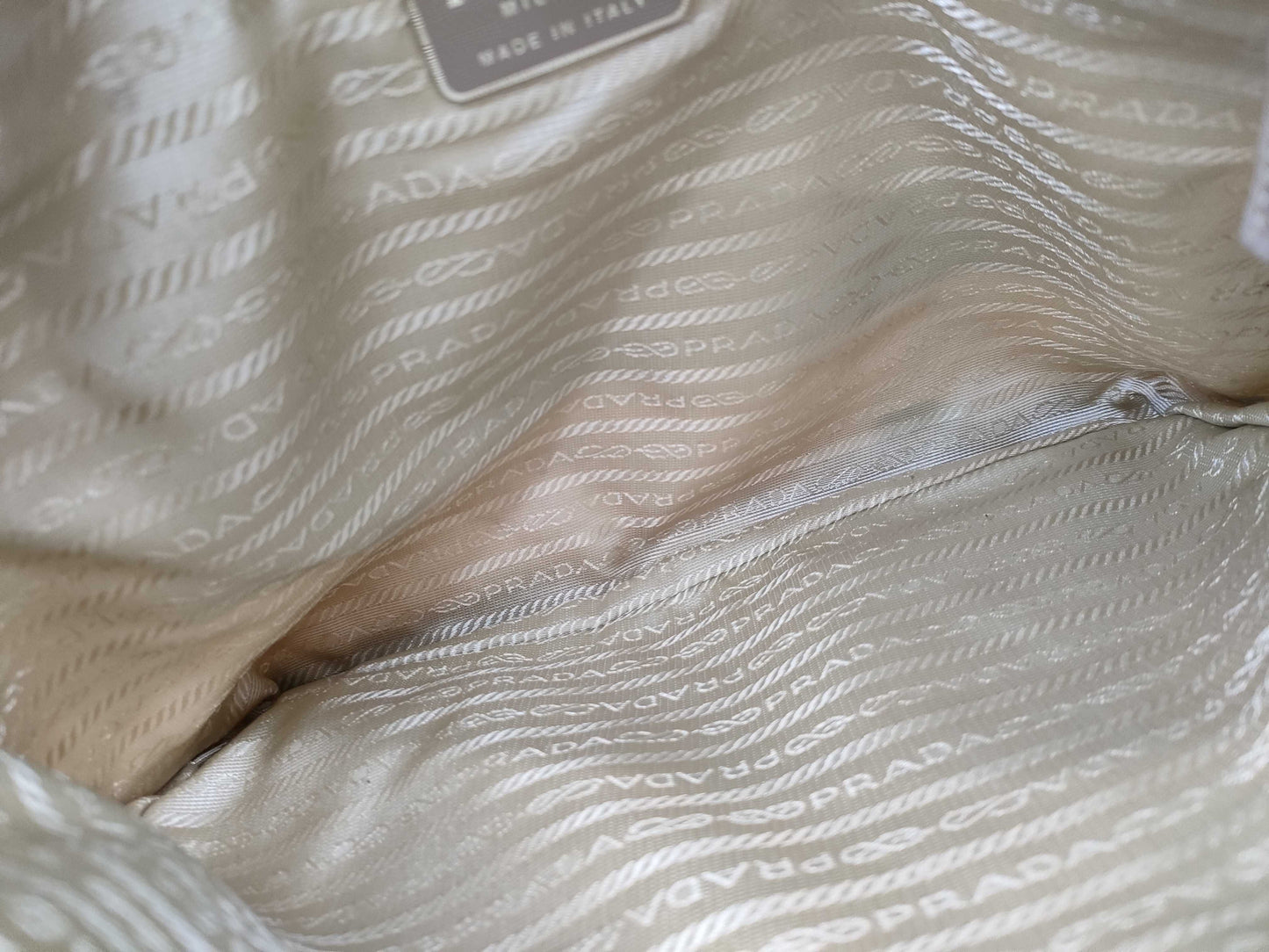 PRADA Nylon Hand Tote Bag/Beige/Silver Hardware/Triangle Plate Tote Bag