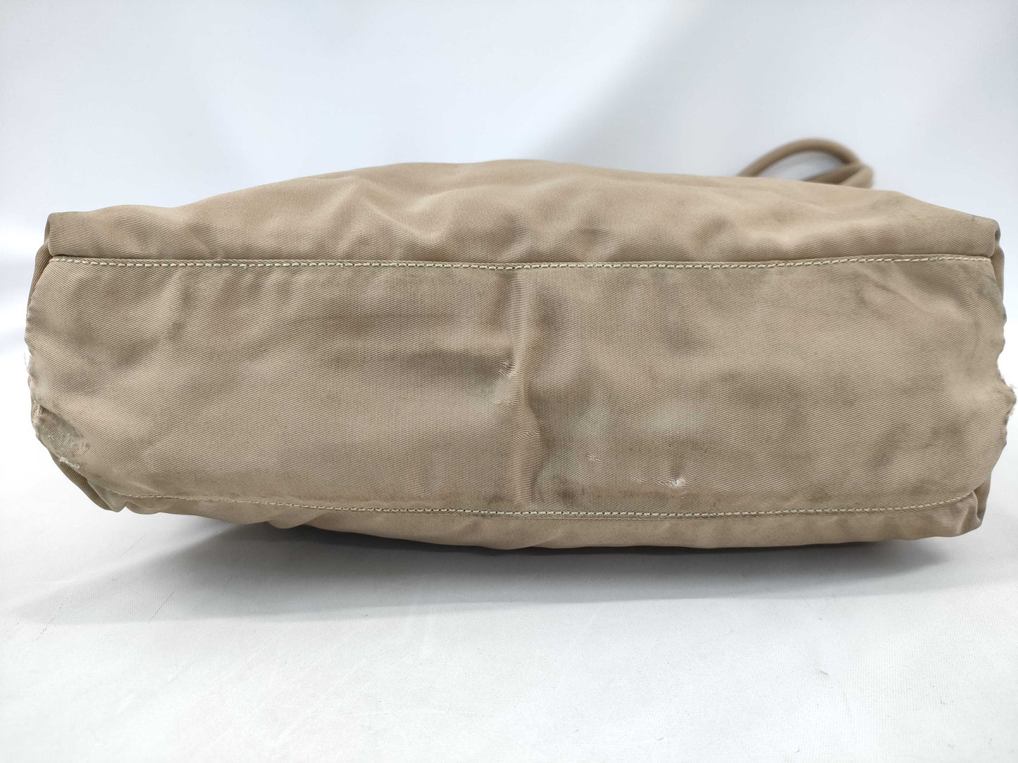 PRADA Nylon Hand Tote Bag/Beige/Silver Hardware/Triangle Plate Tote Bag