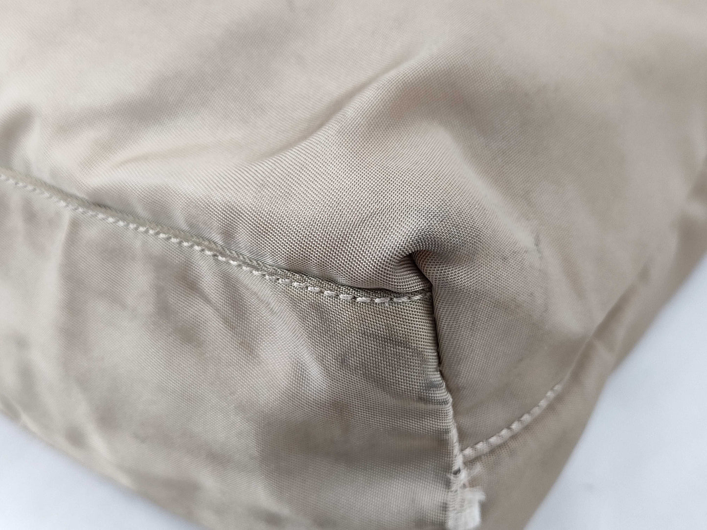 PRADA Nylon Hand Tote Bag/Beige/Silver Hardware/Triangle Plate Tote Bag