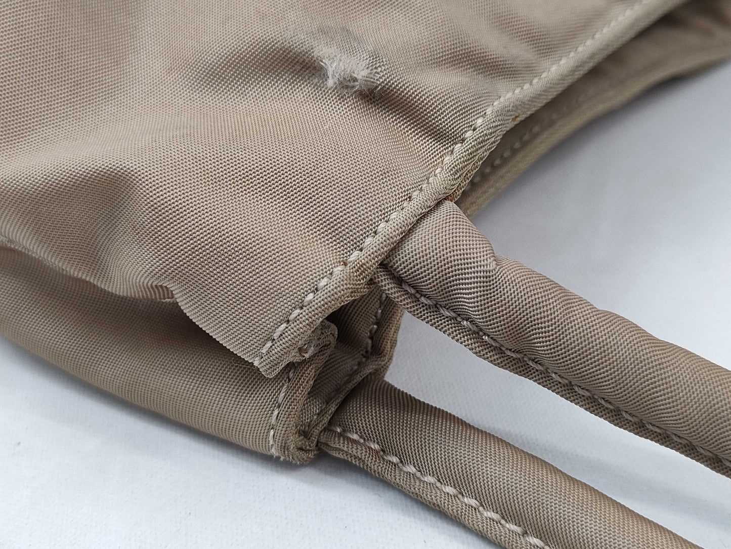 PRADA Nylon Hand Tote Bag/Beige/Silver Hardware/Triangle Plate Tote Bag
