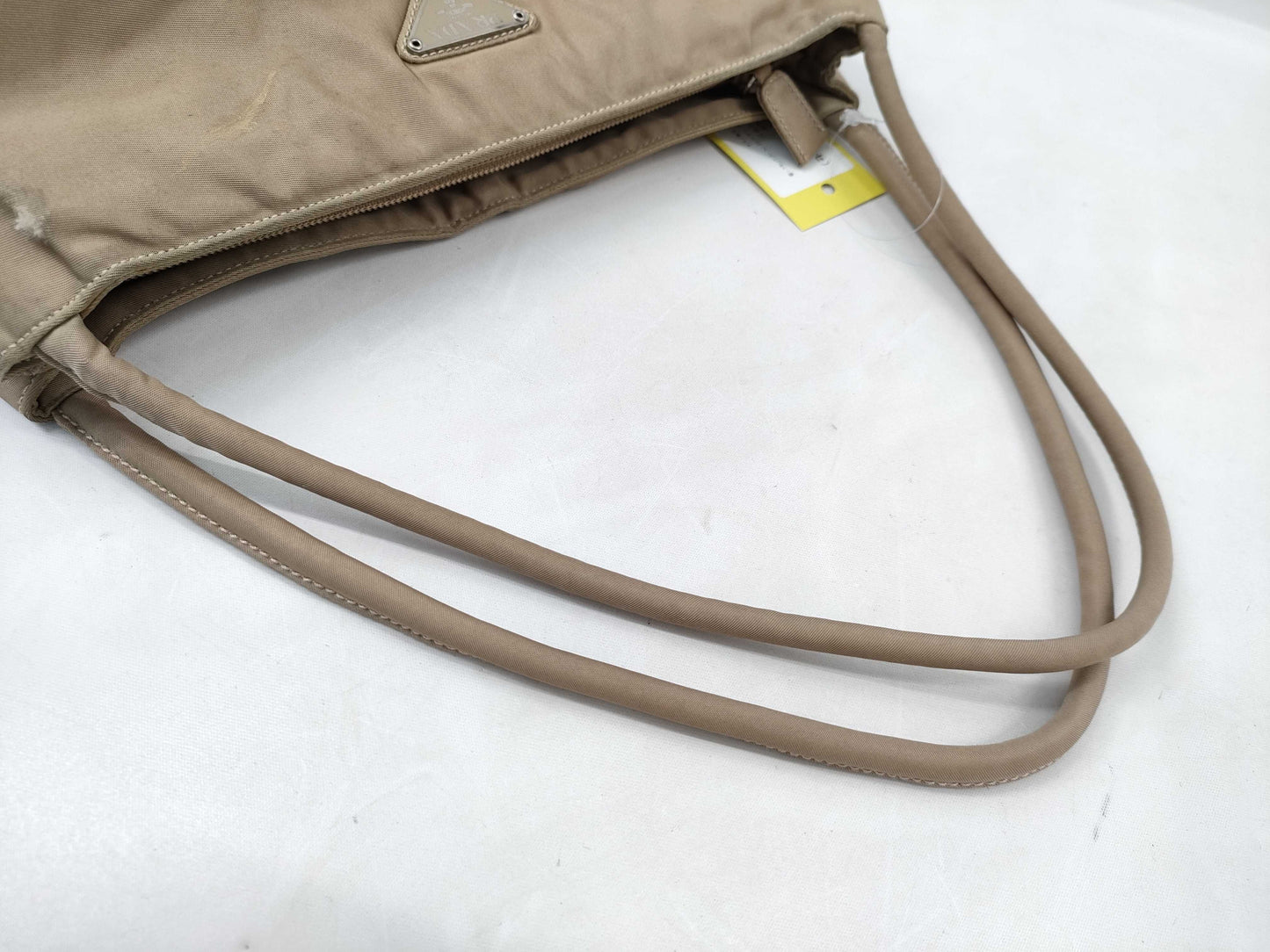PRADA Nylon Hand Tote Bag/Beige/Silver Hardware/Triangle Plate Tote Bag