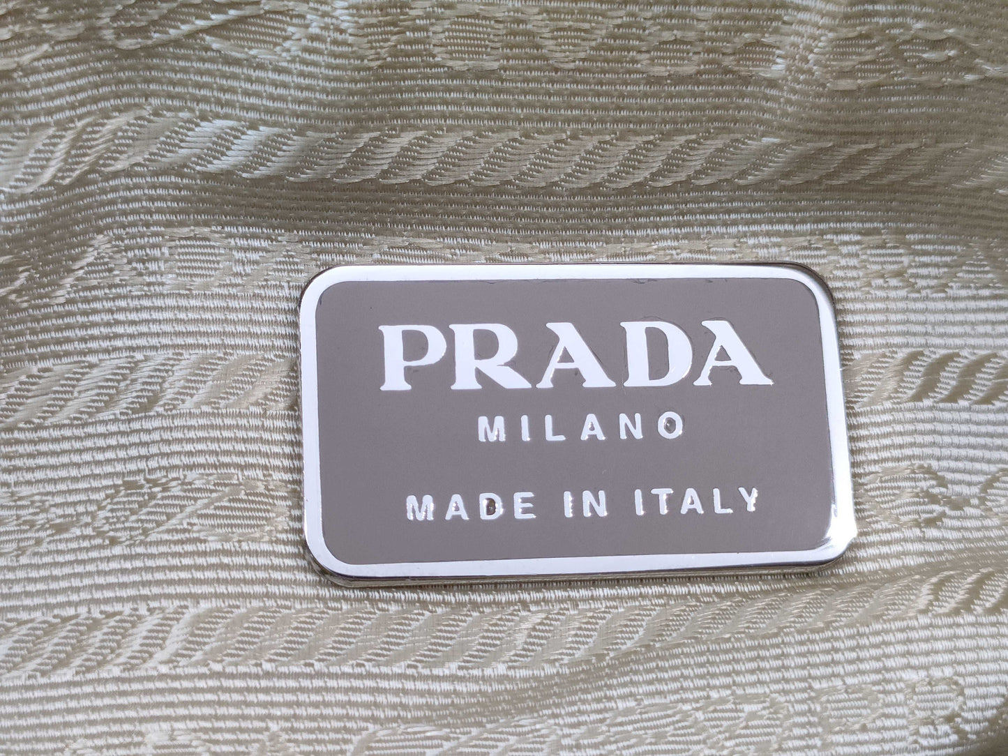 PRADA Nylon Hand Tote Bag/Beige/Silver Hardware/Triangle Plate Tote Bag