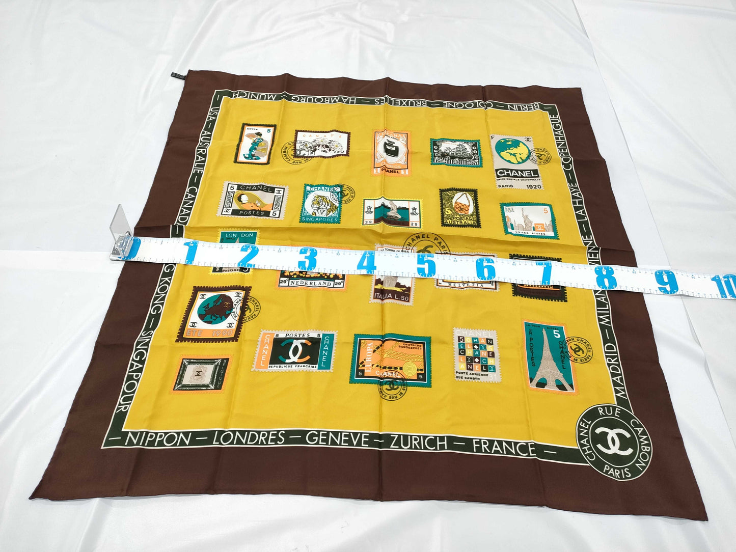 CHANEL Silk Stamp Pattern Brown Scarf