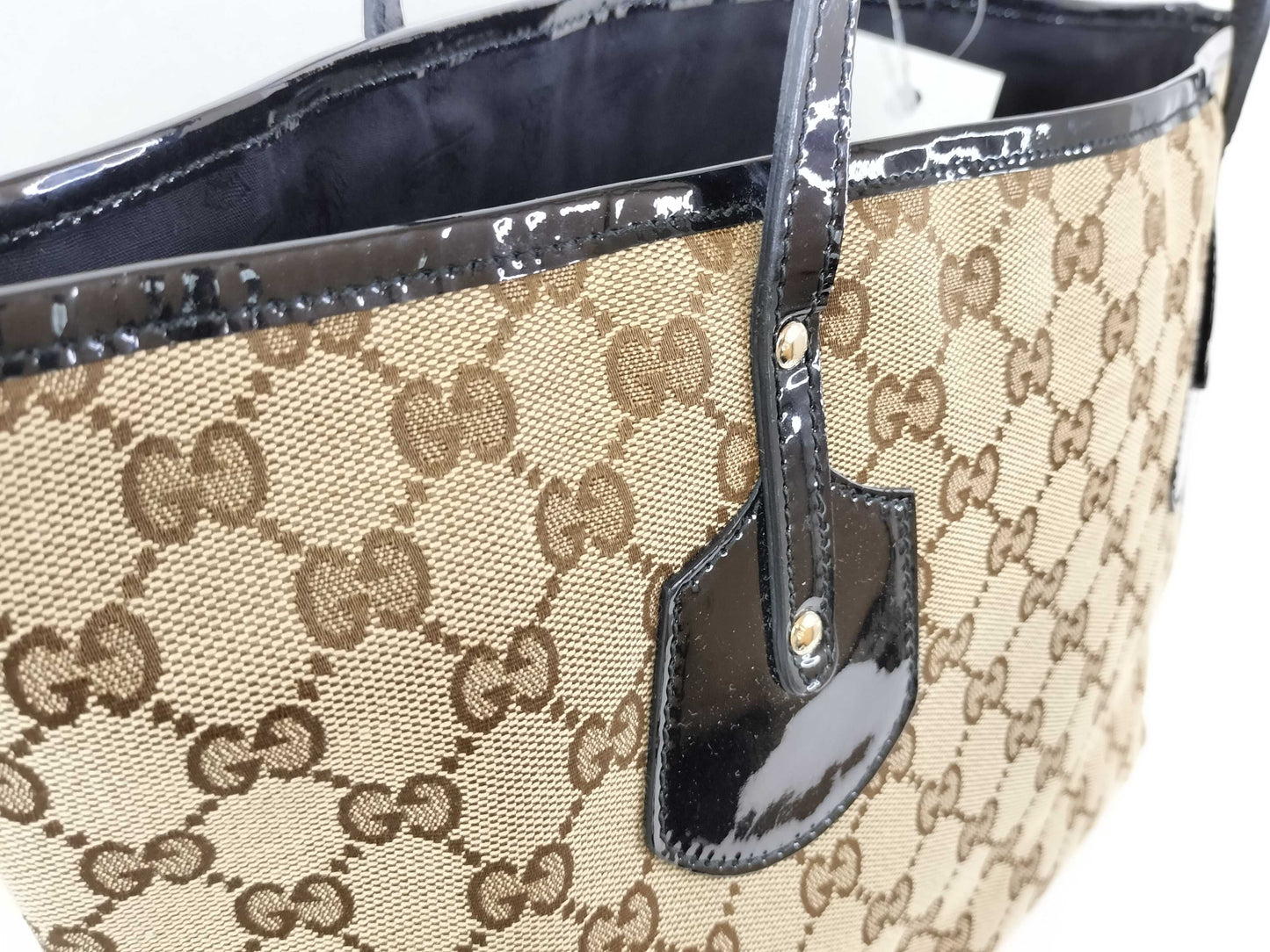 GUCCI GG Canvas 211976 Patent Leather Tote Bag