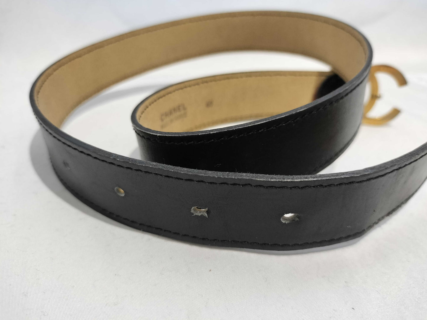 CHANEL Coco Mark Coco Mark Leather x Metal Black Belt