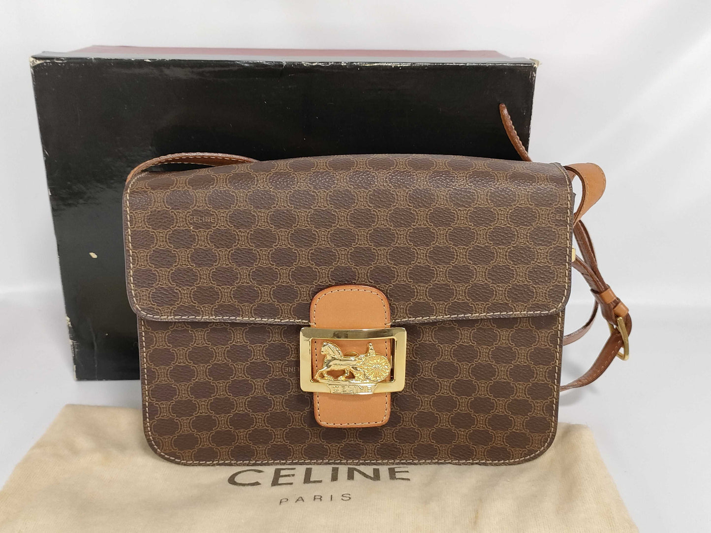 CELINE Shoulder Bag with Carriage Hardware, Moderate Deterioration