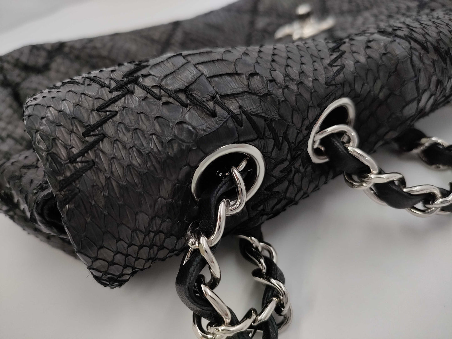 CHANEL Python Double Chain Bag, No. 15, Black, Warranty Included, Shoulder Bag