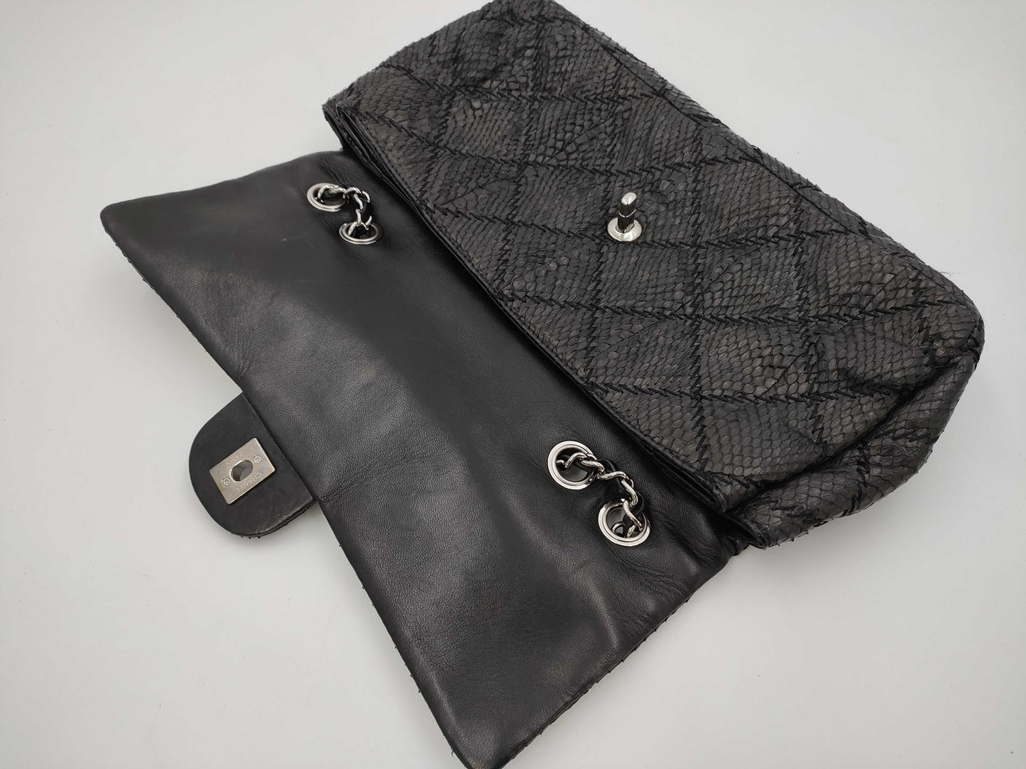 CHANEL Python Double Chain Bag, No. 15, Black, Warranty Included, Shoulder Bag