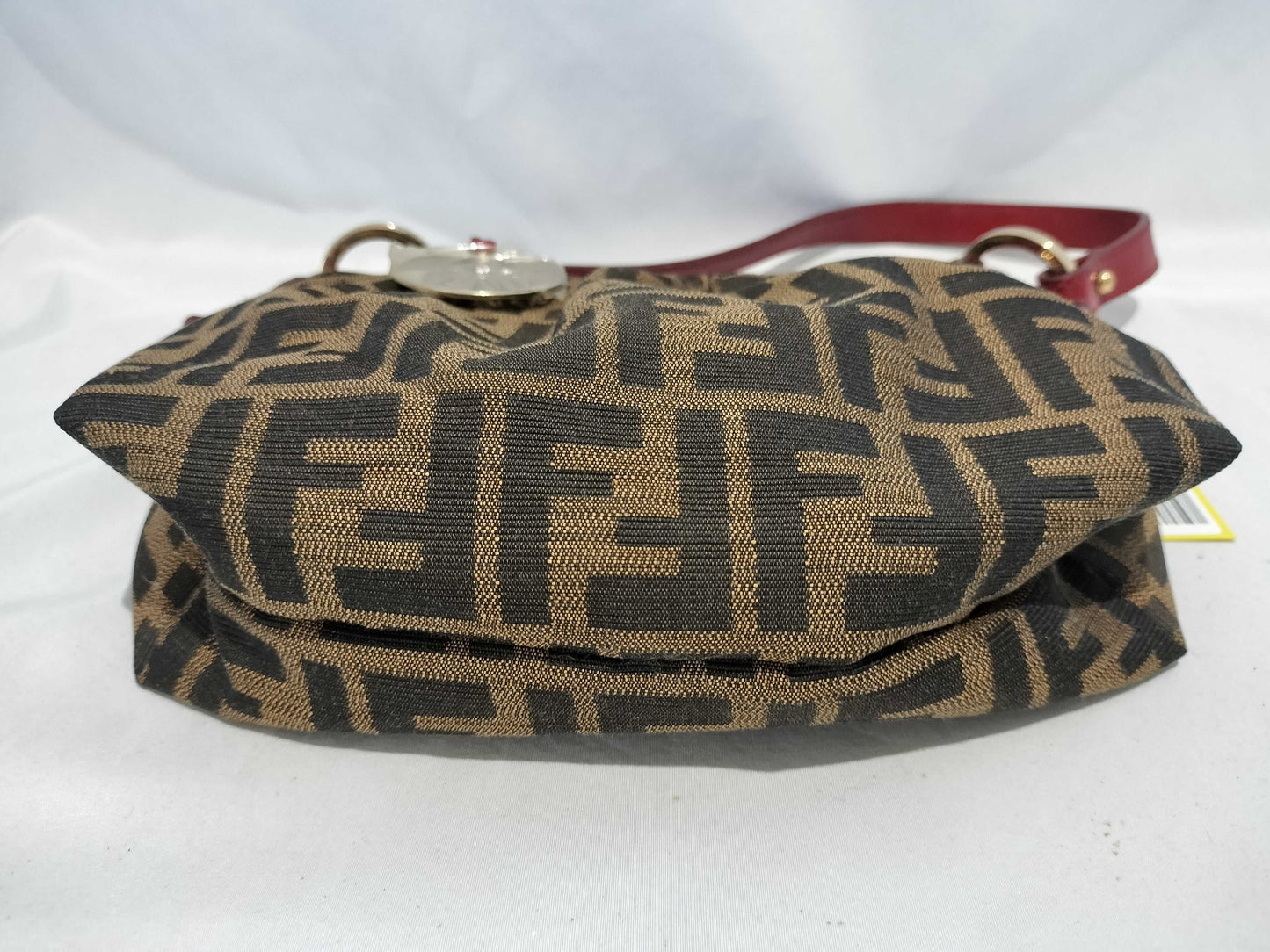 FENDI 8BR454 Zucca Pattern Leather Handbag Brown/Red with Circle Logo Hardware