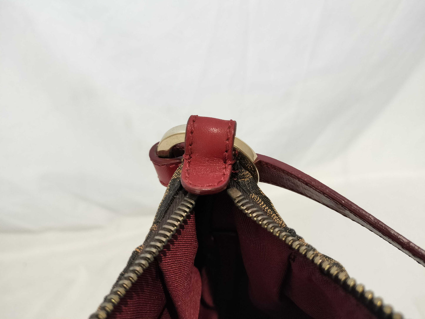 FENDI 8BR454 Zucca Pattern Leather Handbag Brown/Red with Circle Logo Hardware