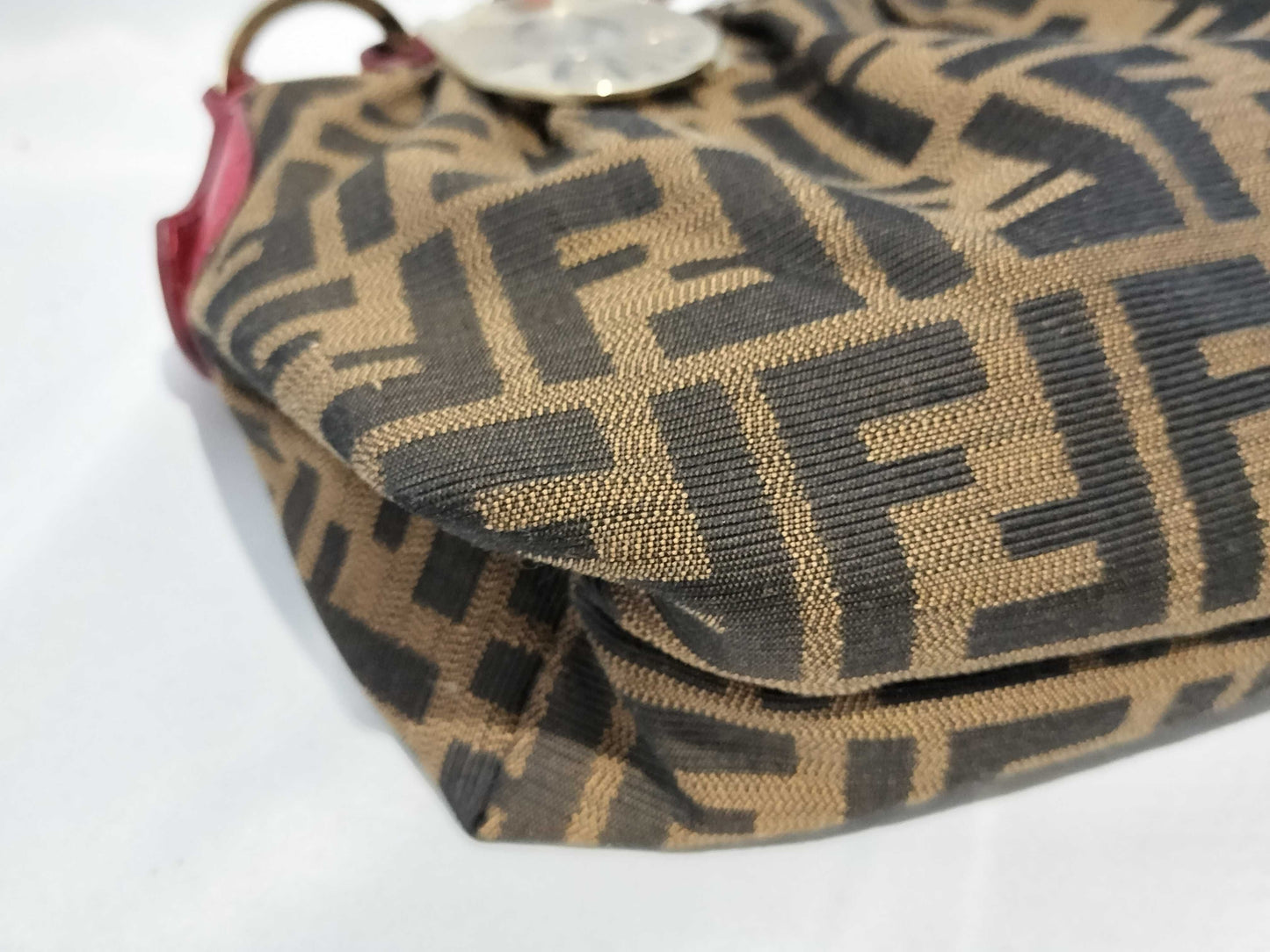 FENDI 8BR454 Zucca Pattern Leather Handbag Brown/Red with Circle Logo Hardware