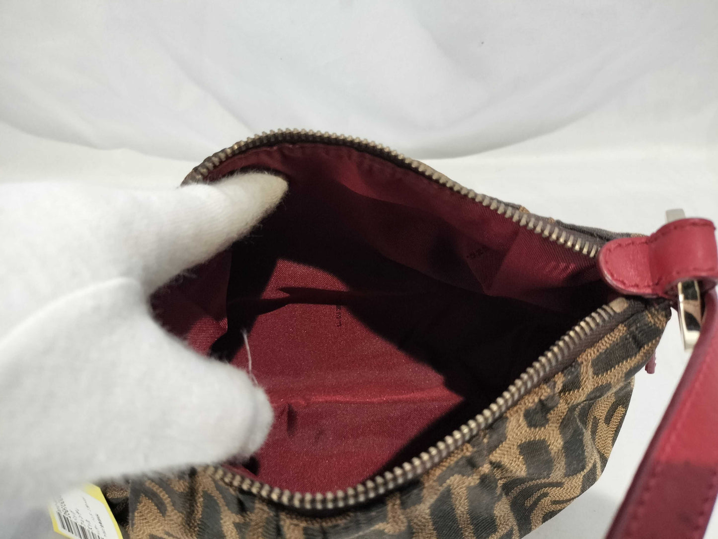 FENDI 8BR454 Zucca Pattern Leather Handbag Brown/Red with Circle Logo Hardware