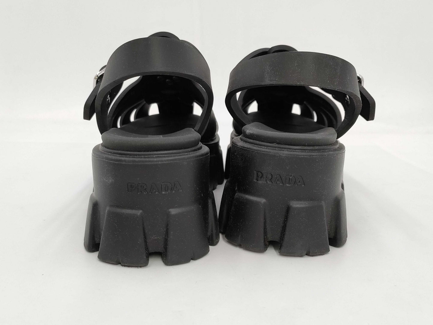 PRADA Triangle Plate Rubber Black Sandals