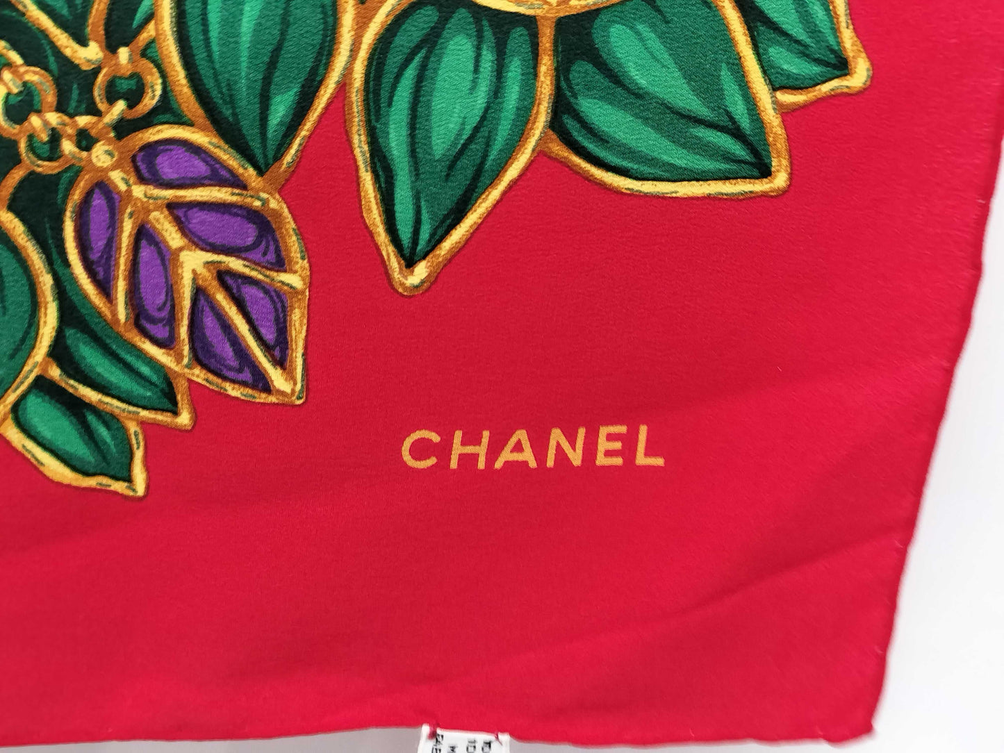 CHANEL floral motif red scarf