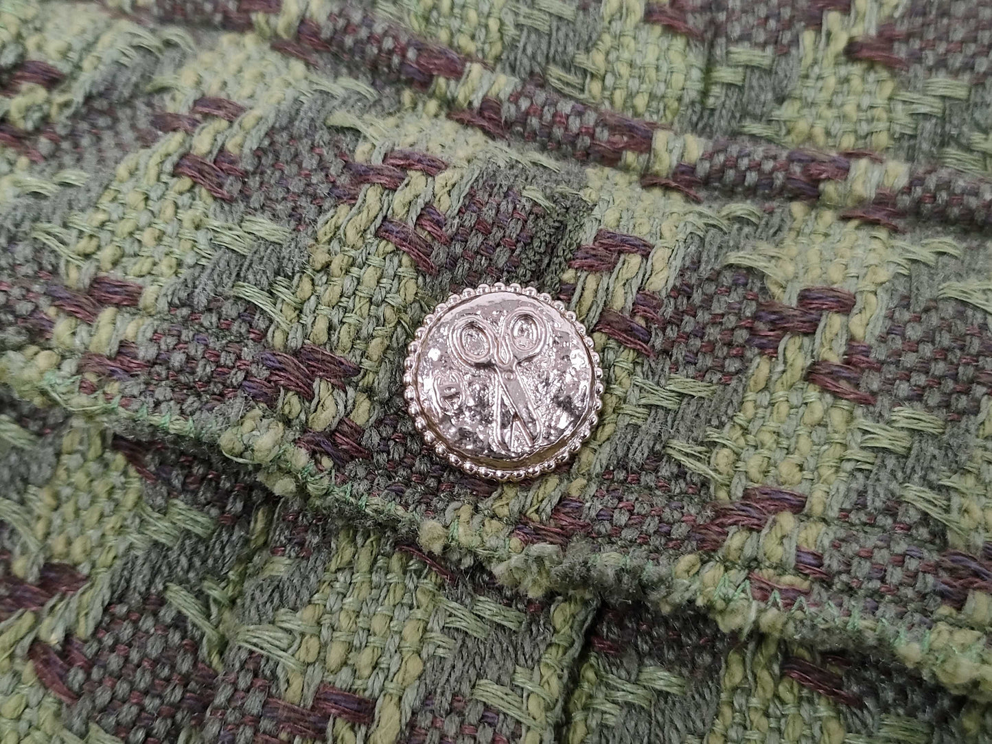 CHANEL Tweed Jacket Khaki with Scissor Motif Buttons