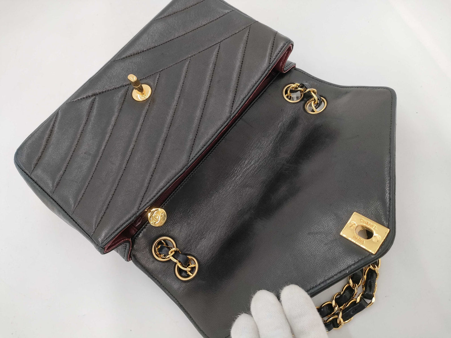 CHANEL Lambskin V-Stitch V-Flap Shoulder Bag