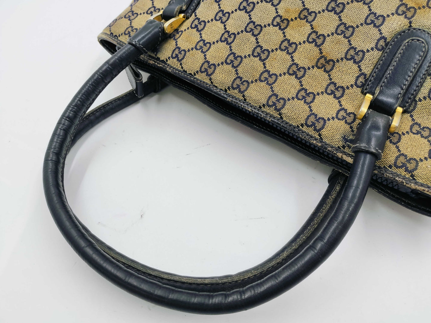 GUCCI GG Canvas Sherry Line Handbag, Old Gucci Handbag with Large Stain