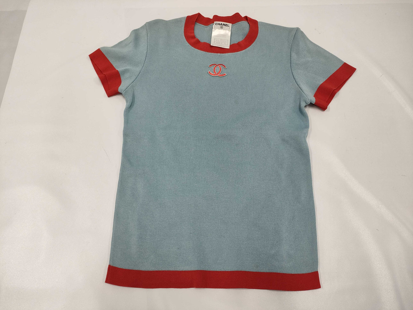 CHANEL Short Sleeve Knit Top with Coco Mark, Size 38