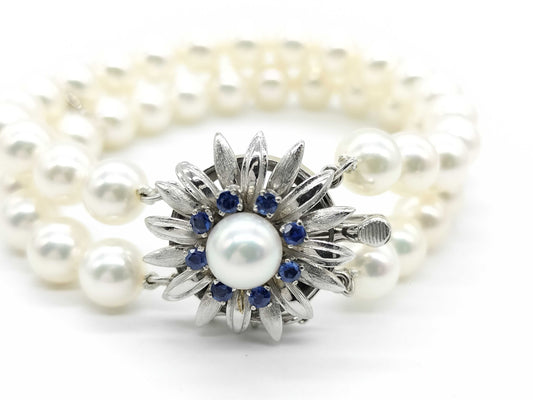 MIKIMOTO Akoya Pearl Diameter Approx. 7.0mm-7.5mm Sapphire Duplex K14WG 31.7g Bracelet Bangle