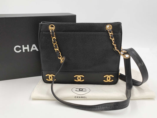 CHANEL Caviar Skin Triple Coco Chain Tote Shoulder Bag