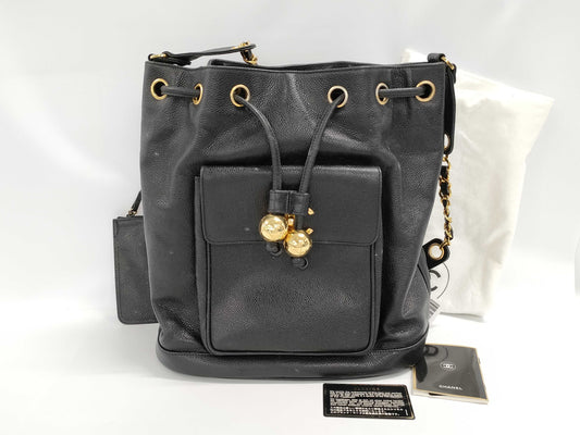 CHANEL Caviar Skin Drawstring Shoulder Bag with Turnlock