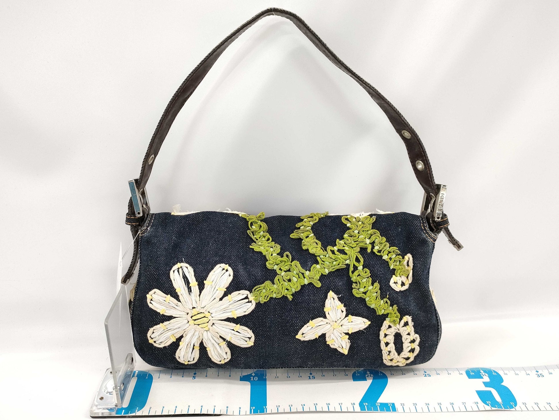 FENDI Mamma Baguette Embroidered Denim Handbag