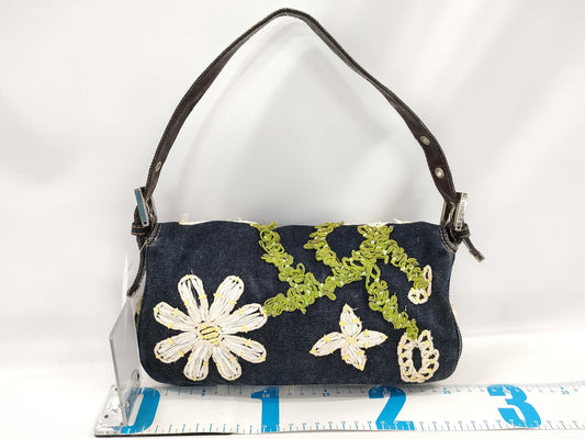 FENDI Mamma Baguette Embroidered Denim Handbag