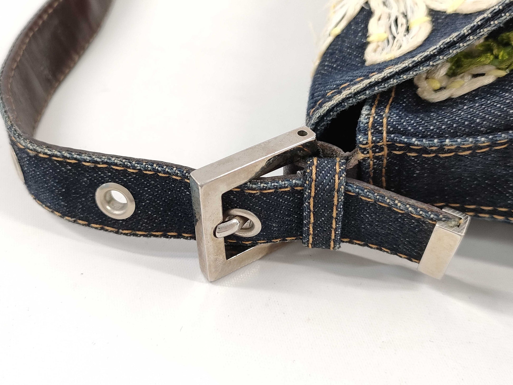 FENDI Mamma Baguette Embroidered Denim Handbag