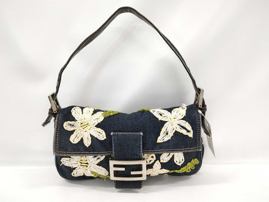 FENDI Mamma Baguette Embroidered Denim Handbag