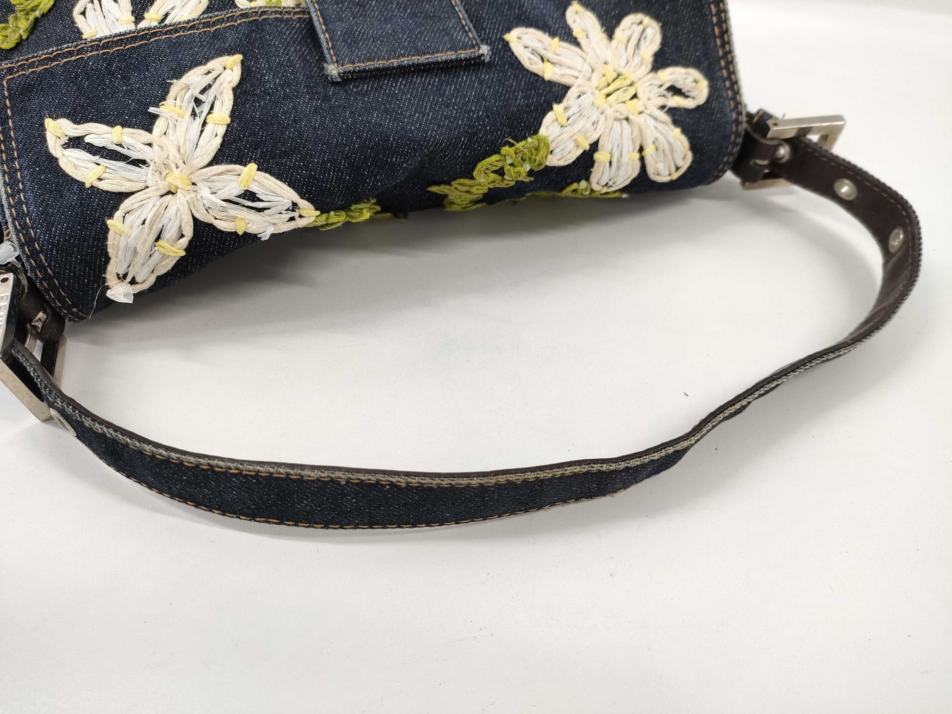 FENDI Mamma Baguette Embroidered Denim Handbag