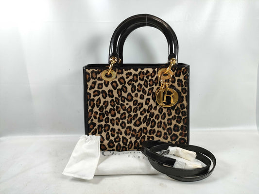 Dior Lady Dior Leopard Print Leather 2-Way Handbag