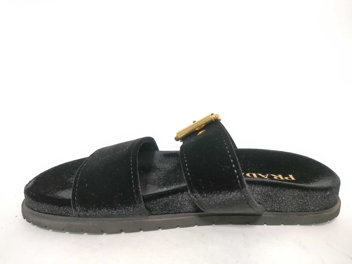 PRADA Suede Triangle Plate Black Sandals