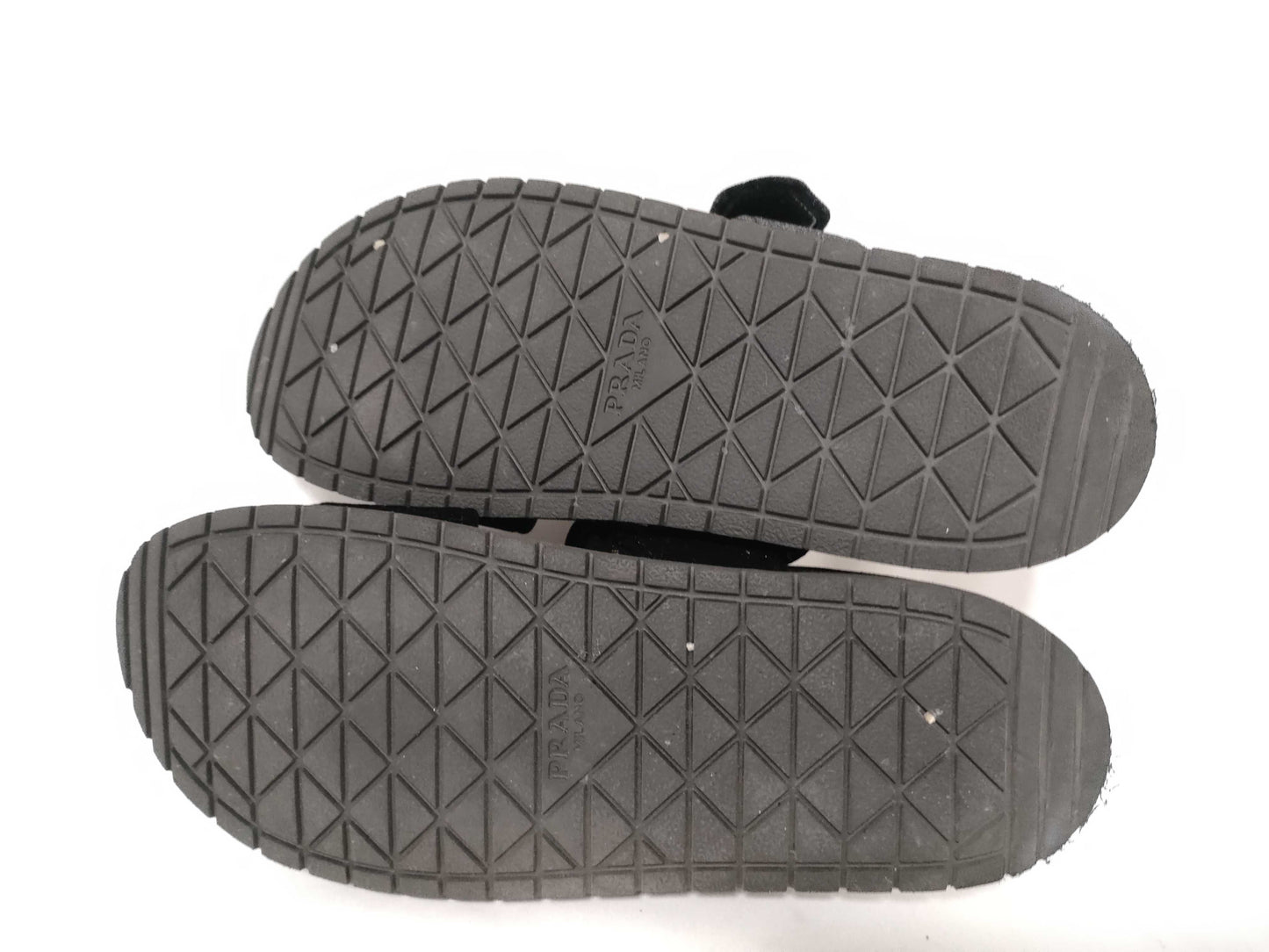 PRADA Suede Triangle Plate Black Sandals