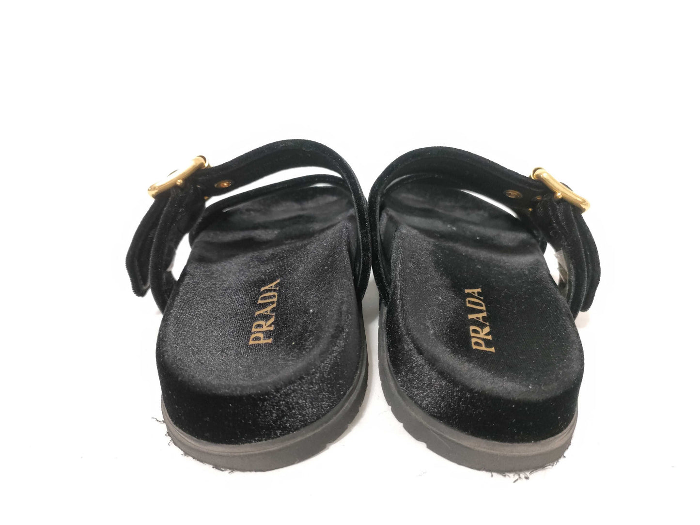 PRADA Suede Triangle Plate Black Sandals