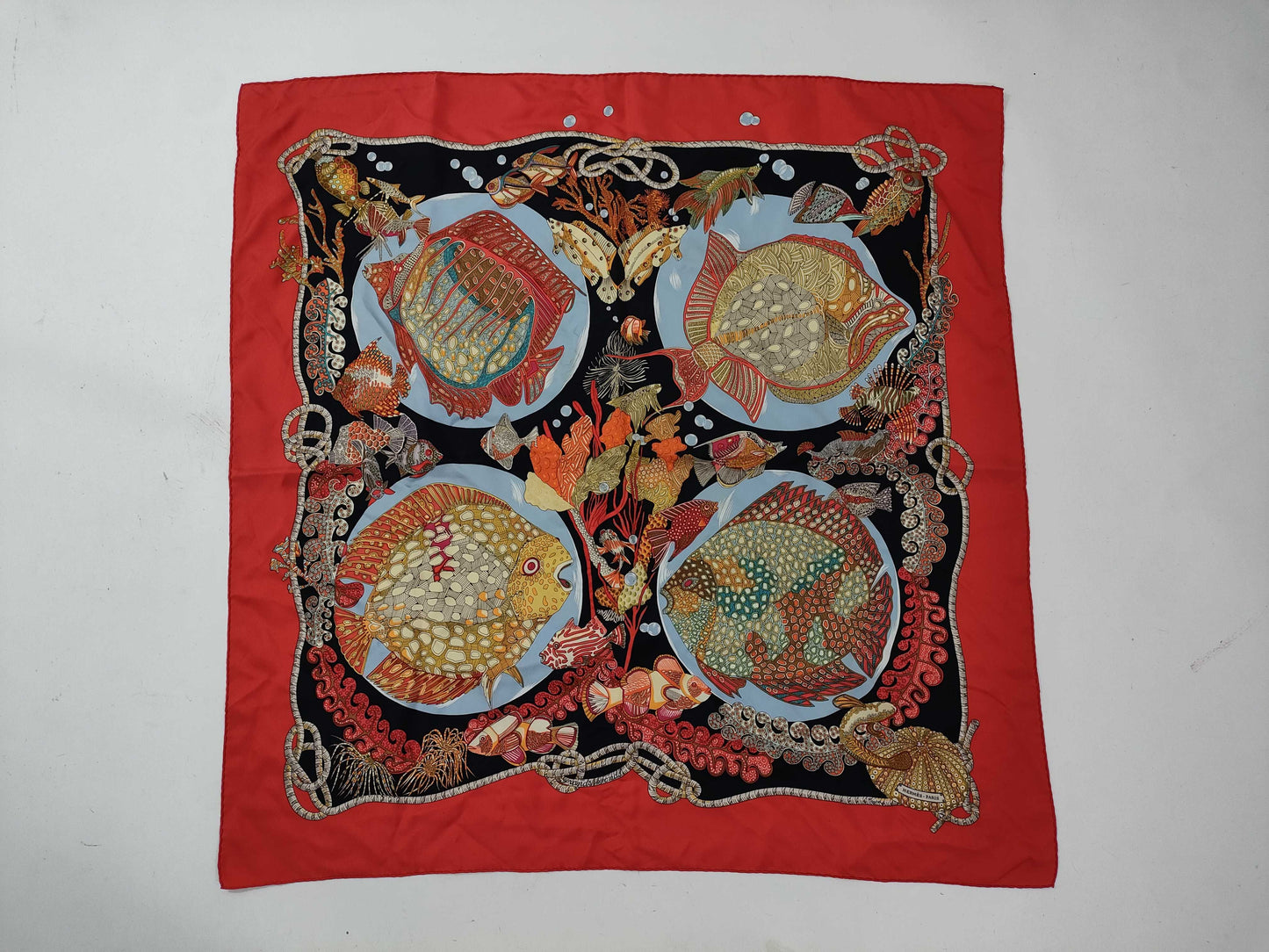 HERMES Carre Deep Sea Fish Red Scarf