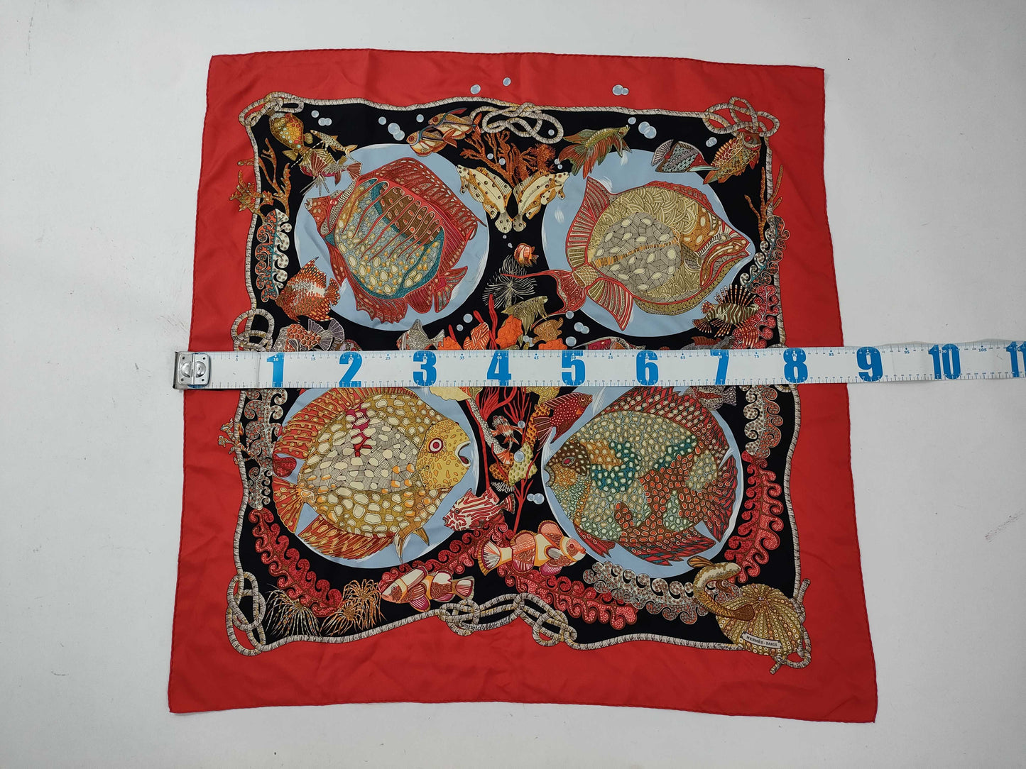 HERMES Carre Deep Sea Fish Red Scarf