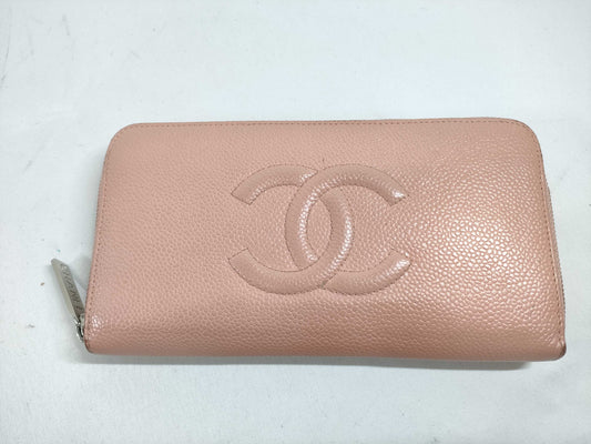 CHANEL Coco Mark Caviar Leather Long Wallet with Round Zipper, Pink