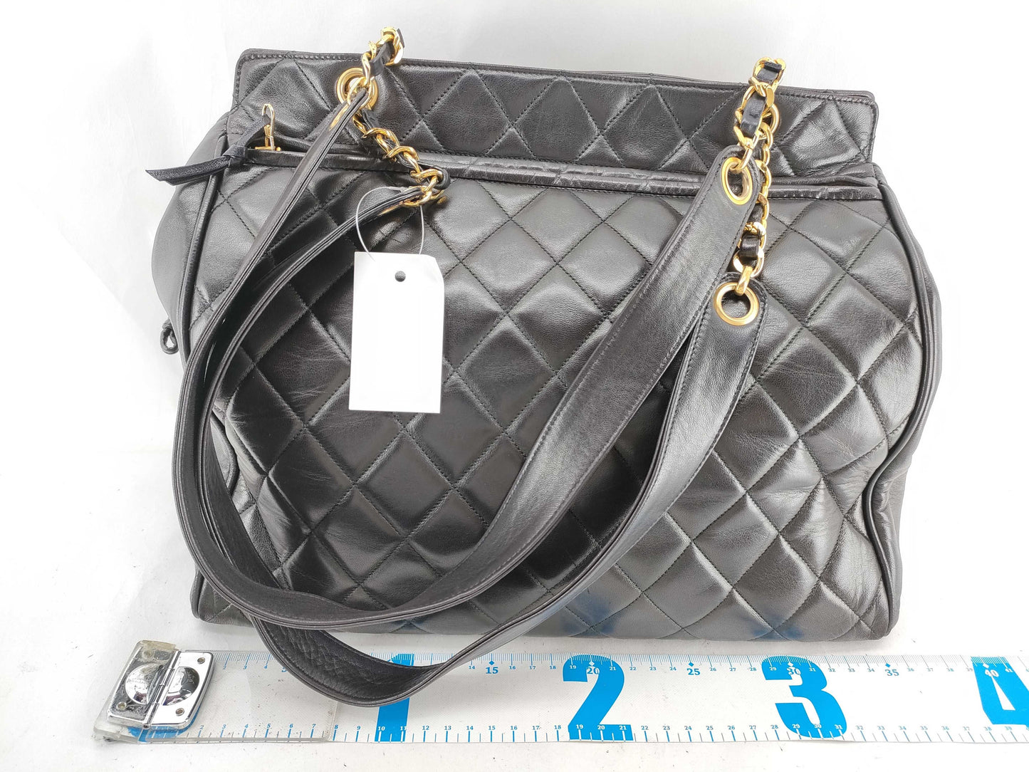 CHANEL Lambskin Chain Tote Bag, Black, Ball Charm, No. 3