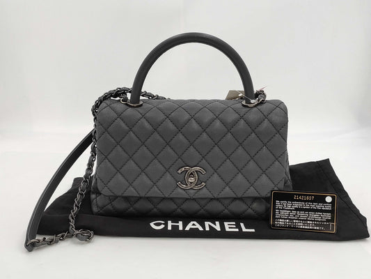 CHANEL Caviar Skin Top Handle Caviar Skin Turnlock Shoulder Bag