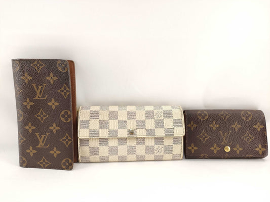 LOUIS VUITTON Damier Azur Portefeuille Sarah/Monogram Wallet *2 pieces Total 3 pieces Junk Wallet