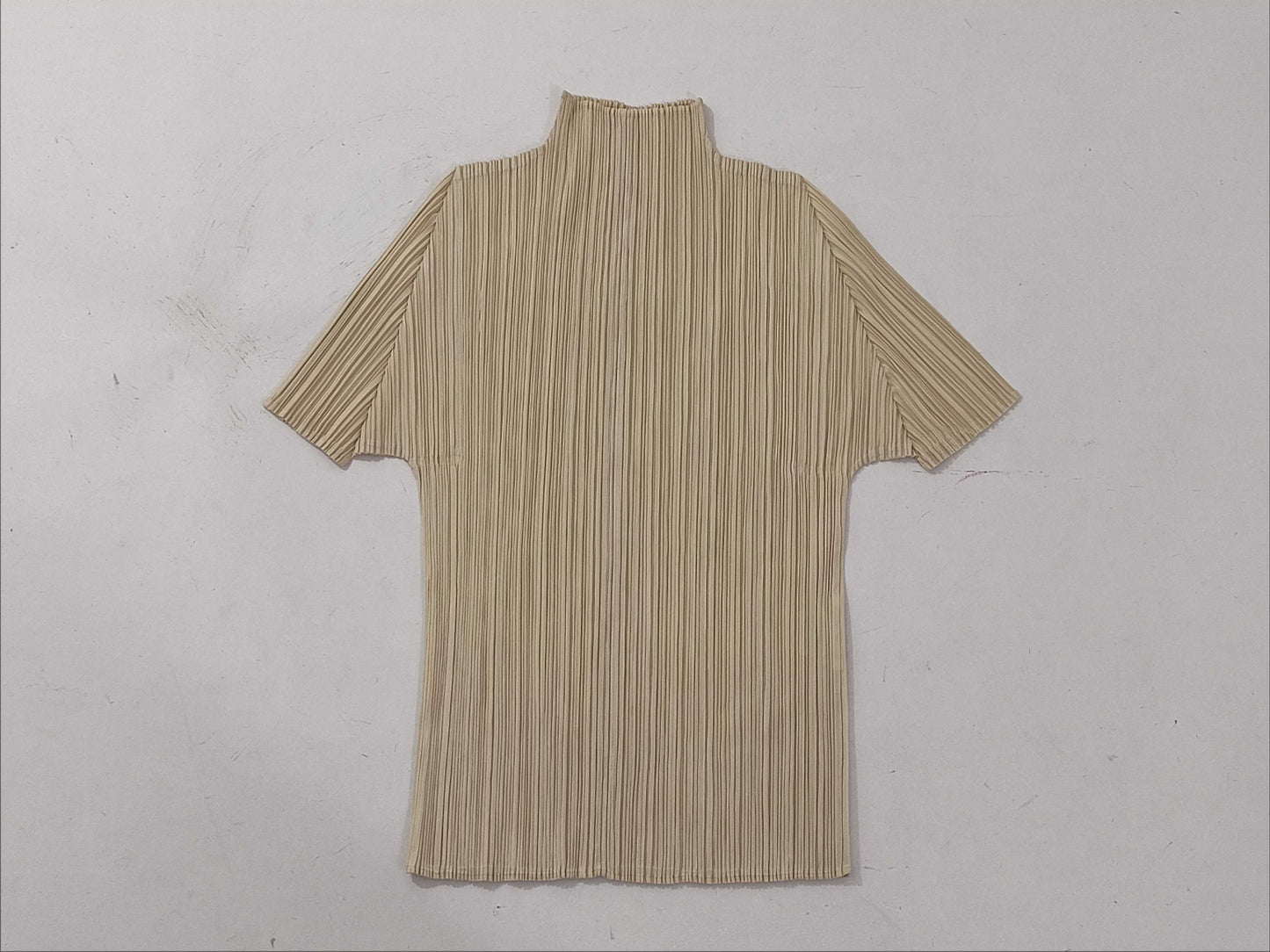 ISSEY MIYAKE Pleats Please Short Sleeve Cut and Sew Beige Top
