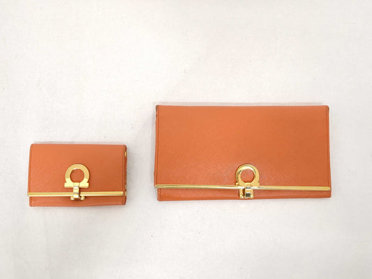 Salvatore Ferragamo Gancini Leather Long Wallet/Key Case Orange Set