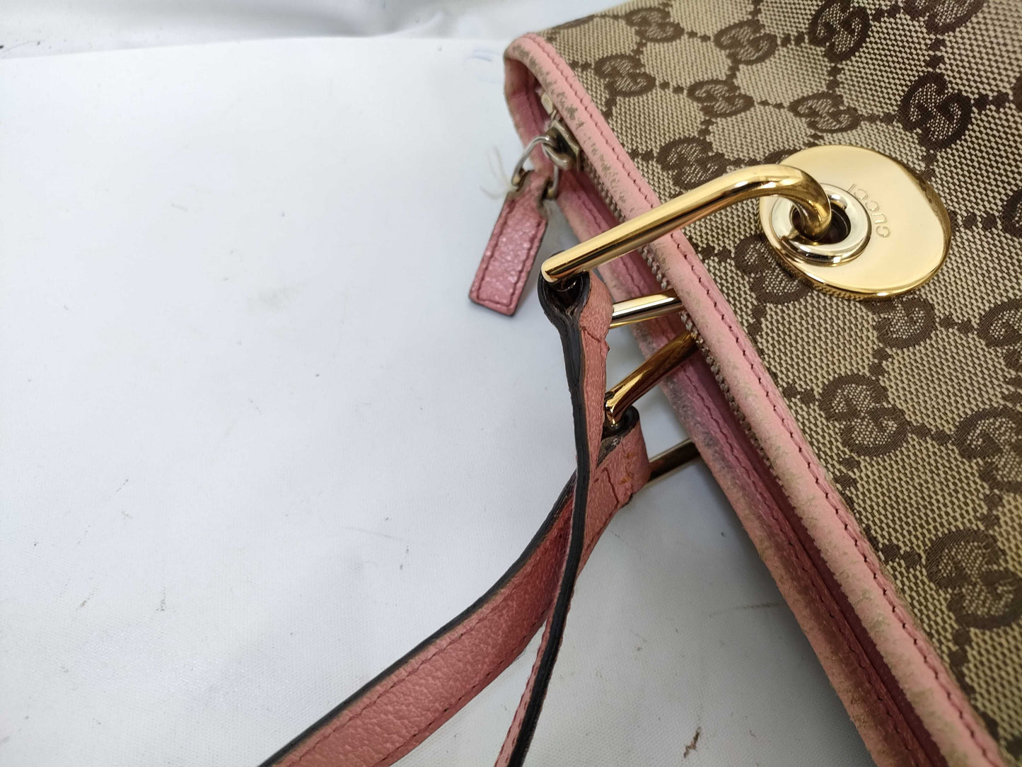 GUCCI GG Canvas 139552 Pink x Leather Tote Bag