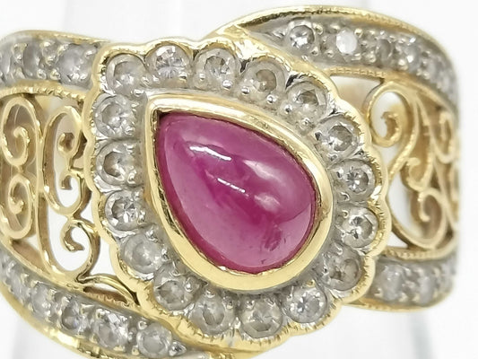 Cabochon Ruby and Diamond 18K Gold Ring, 6.4g