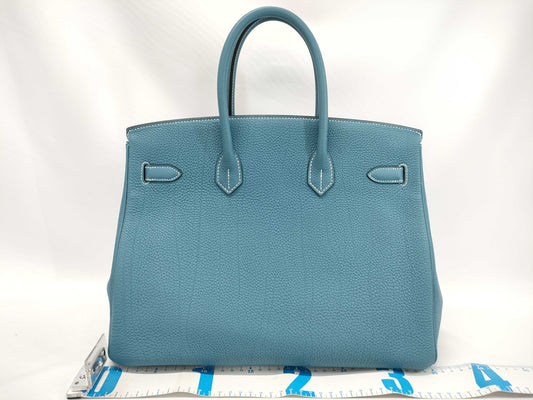 HERMES Birkin 35 Blue Jean Handbag with Silver Hardware
