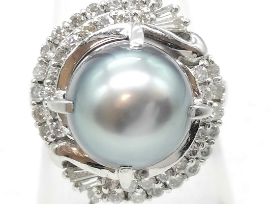 Black South Sea Pearl Ring, Diameter 10.4mm, D0.68ct, Pt900, 10.9g
