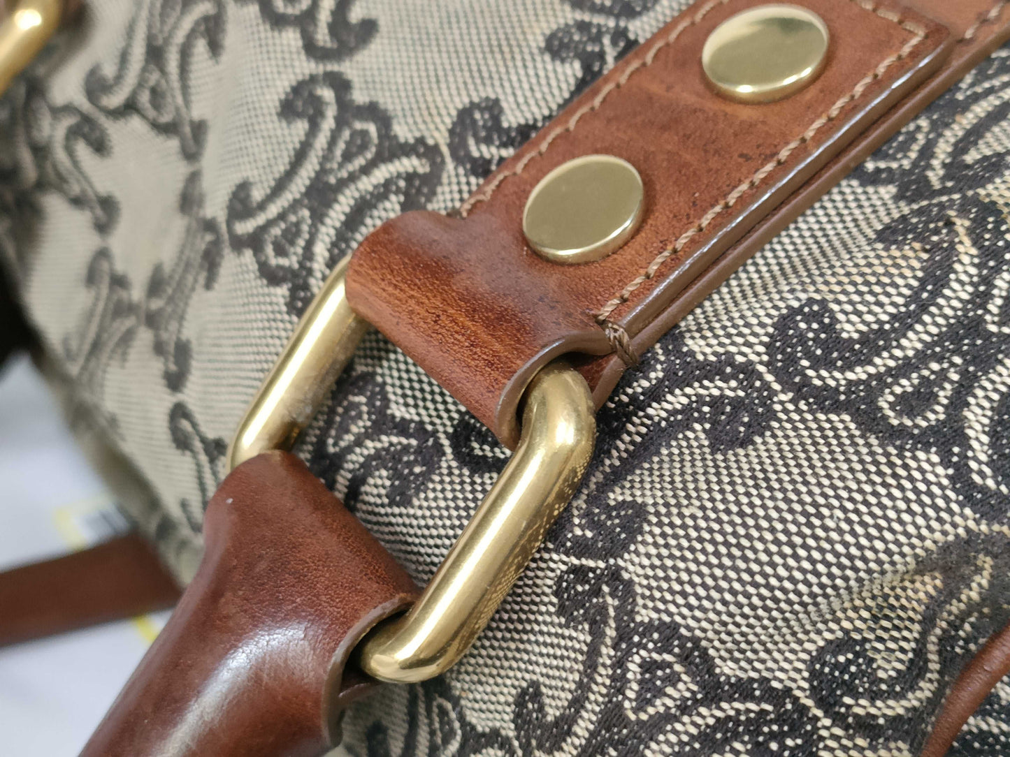 CELINE Mini Boston Bag Macadam Triomphe Logo Canvas and Leather Boston Bag