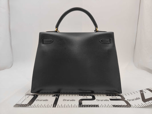 HERMES Kelly 32 Handbag, Outer Stitch Box Calf Leather, Navy Blue, Gold Hardware, 〇W Engraved