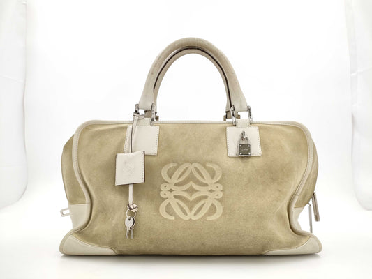 LOEWE Amazona 36 Anagram Suede Handbag with Padlock, Two Keys, and Crochet Detail