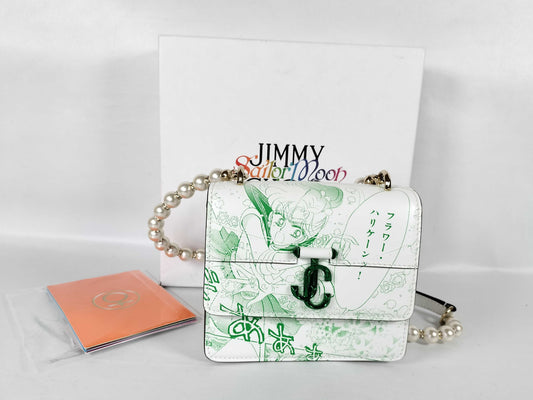 JIMMY CHOO Jimmy Choo x Sailor Moon Leather Shoulder Bag with Original Comic Scene Print, Swarovski Crystals, and Pearl Strap. Sold Out. Prene Shoulder Bag.